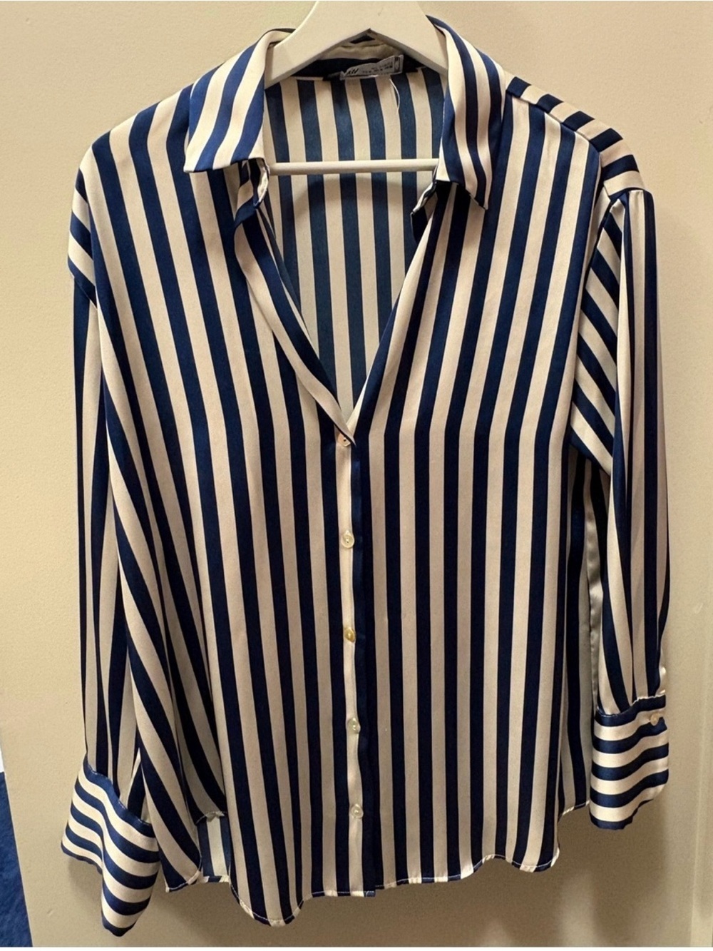 Zara Navy and White Striped Silk-Feel Button Shirt